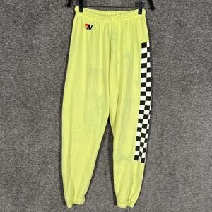 Aviator Nation Sweatpants Womens XS Yellow Fleece Checkered Side Stripe Joggers